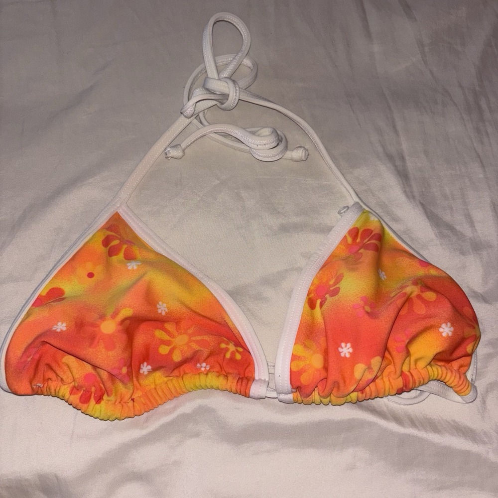 Vtg Fresh Peaches Bikini Top Medium Orange Yellow Floral Daisy Halter Swimwear